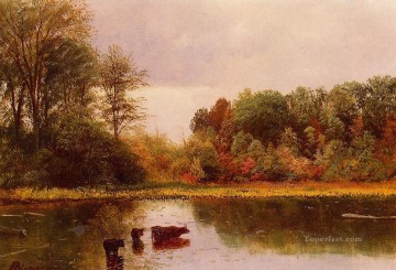 アルバート・ビアシュタット Painting - 風景の中で水やりをする牛 アルバート・ビアシュタット